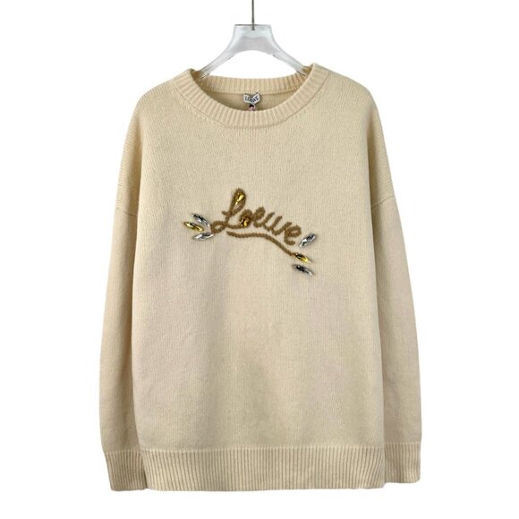 DW0670 Loewe beige logo letter diamond embroidery wool round neck long sleeve kn